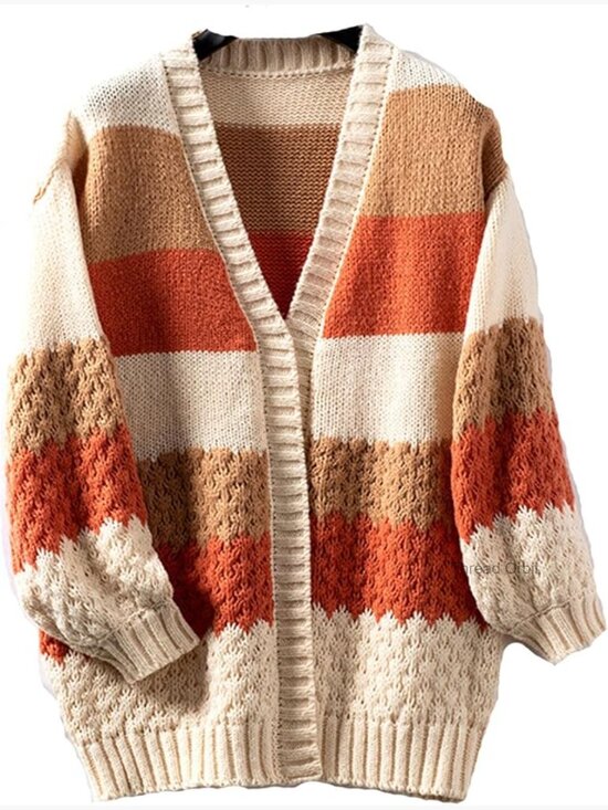 Sweaters - Long Sleeve Color Block Chunky Cable Knit Oversized Cardigan